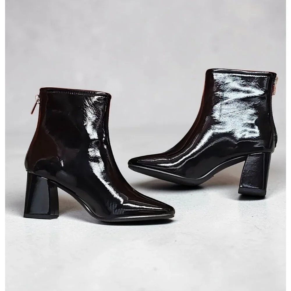 Black Patent Leather Chunky Heel Ankle Boots With Side Zipper Closure
